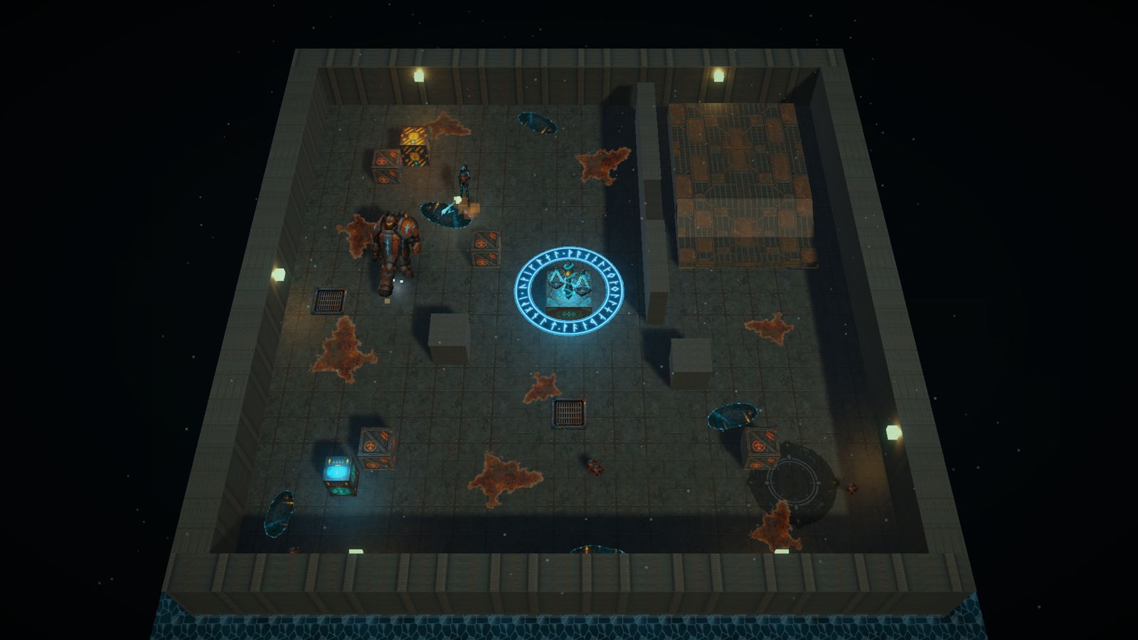 Overhead view of Hold 7: a rune-lit artifact pedestal at the centre of a riveted steel arena with crates and rust stains