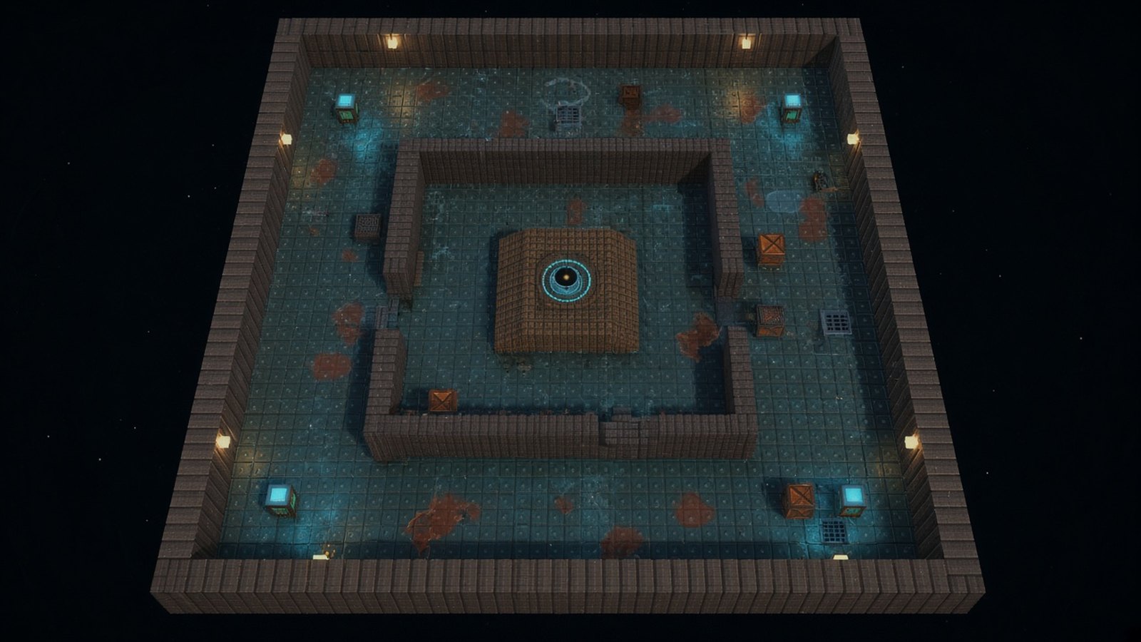 The Engine Gallery: a ring corridor around a raised machinery block, with two glowing power nodes on opposite sides