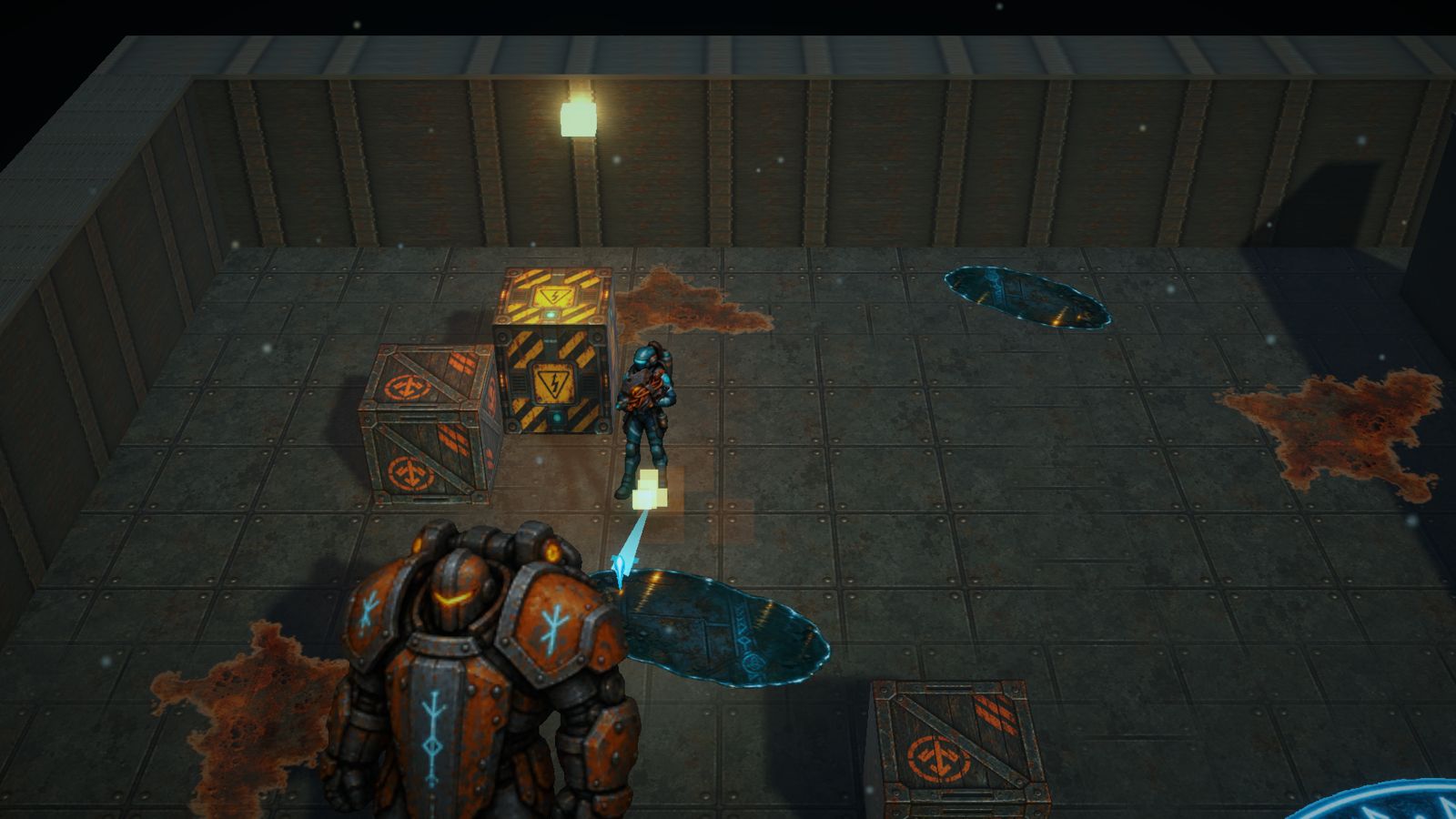 Eira Voss in a teal hardsuit fires a pulse blaster at an armored Iron Warden beside salvage crates on a flooded ship deck