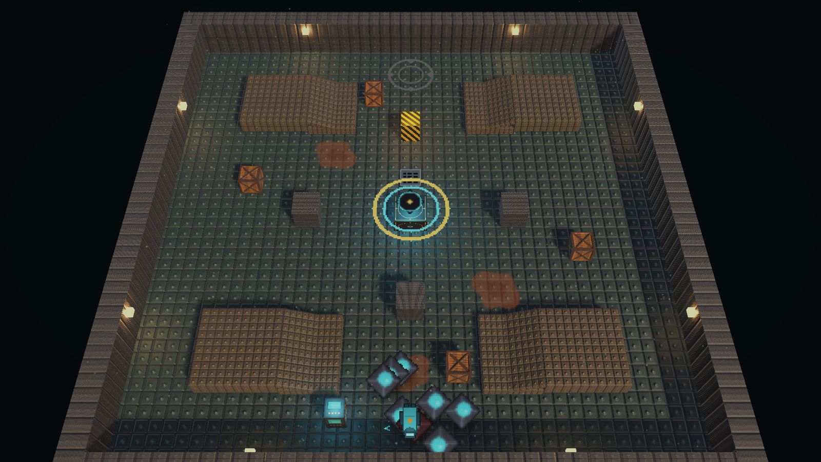 The Keel: an open flooded floor with four small raised islands and the relic at the centre